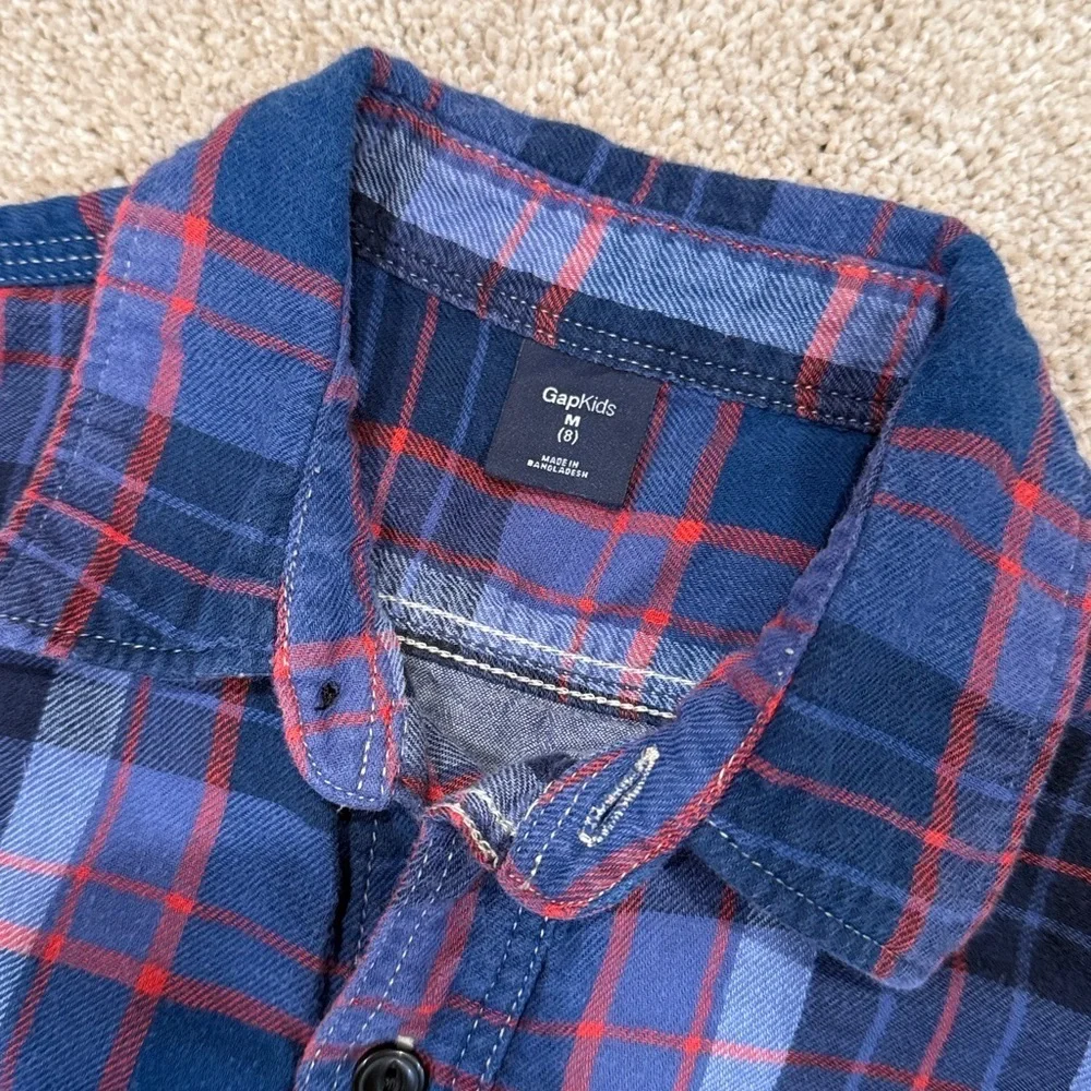 GAP Boys Navy Red Plaid Flannel Button Front Shirt Size 8